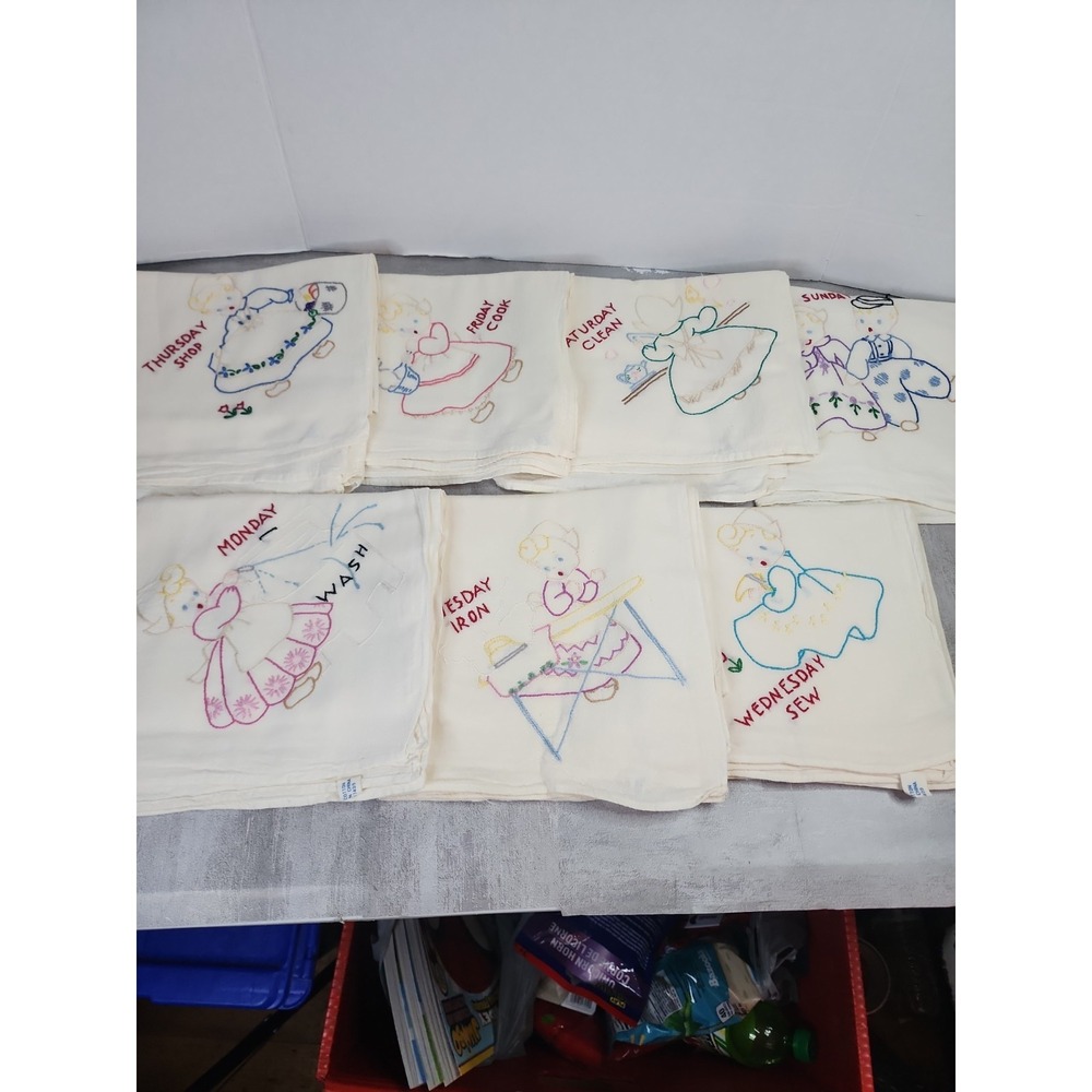 Set of Vintage 7 Days of the Week Household Chores Theme Tea Towels Embroidered